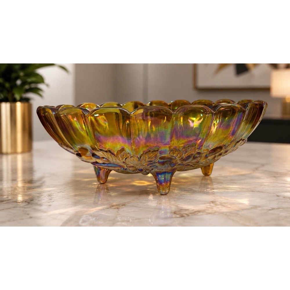 Vintage Carnival‎ Glass Grape Harvest Oval Footed Bowl Amber Iridescent 12"